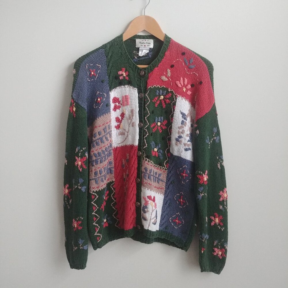 Embroidered Patchwork Cardigan Sweater in Green and Red